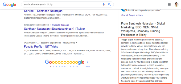 google my business description santhosh natarajan